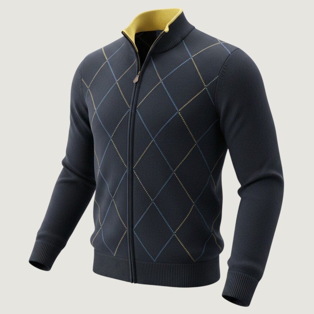 Brooks Brothers Sweater Mens M Blue Argyle Merino Wool Full Zip Mock Neck 346